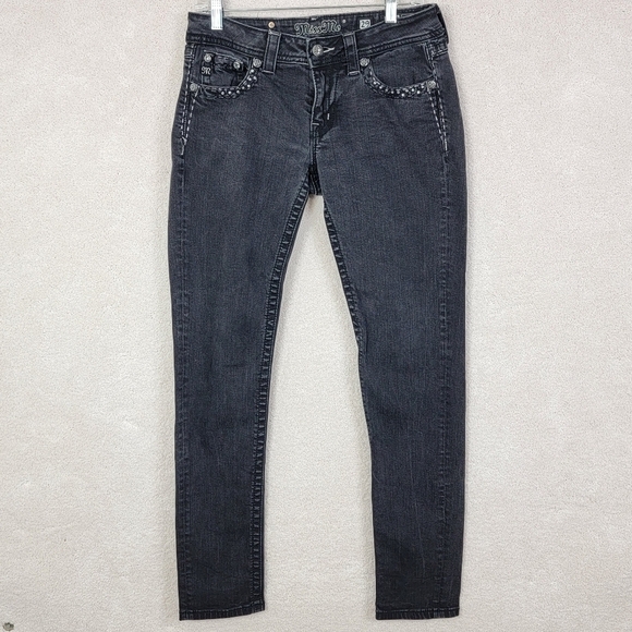 Miss Me Black Bling Embellishment Western Riding Low Rise Denim Skinny Jeans  29 - Picture 2 of 15